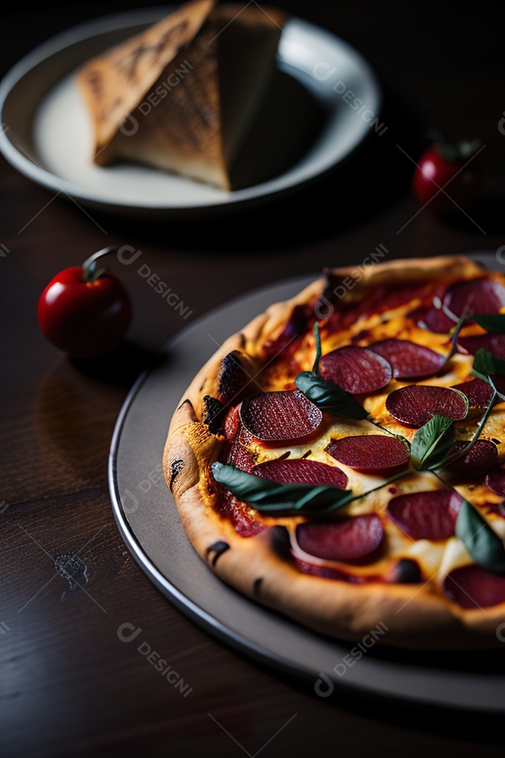 Imagem realista de pizza deliciosa sobre uma mesa de madeira