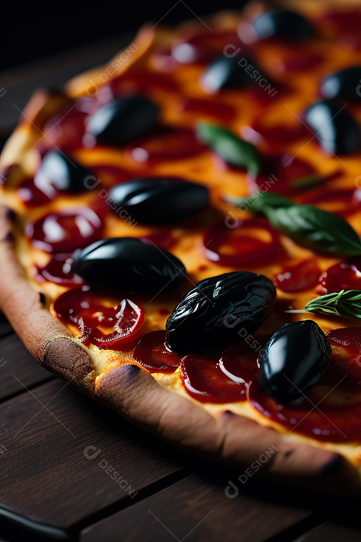 Imagem realista de pizza deliciosa sobre uma mesa de madeira