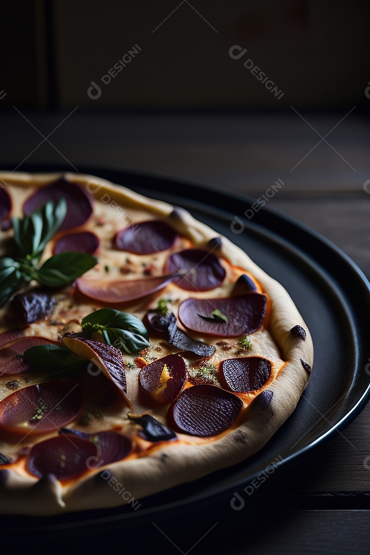 Imagem realista de pizza deliciosa sobre uma mesa de madeira