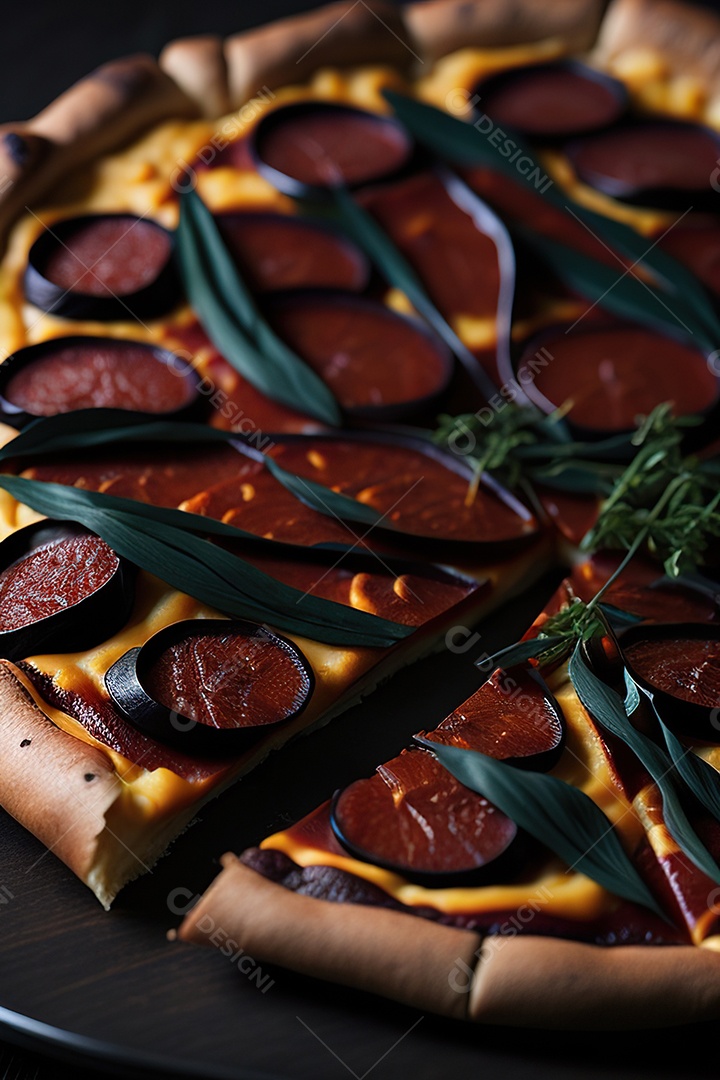 Imagem realista de pizza deliciosa sobre uma mesa de madeira