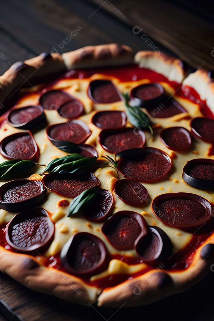 Imagem realista de pizza deliciosa sobre uma mesa de madeira