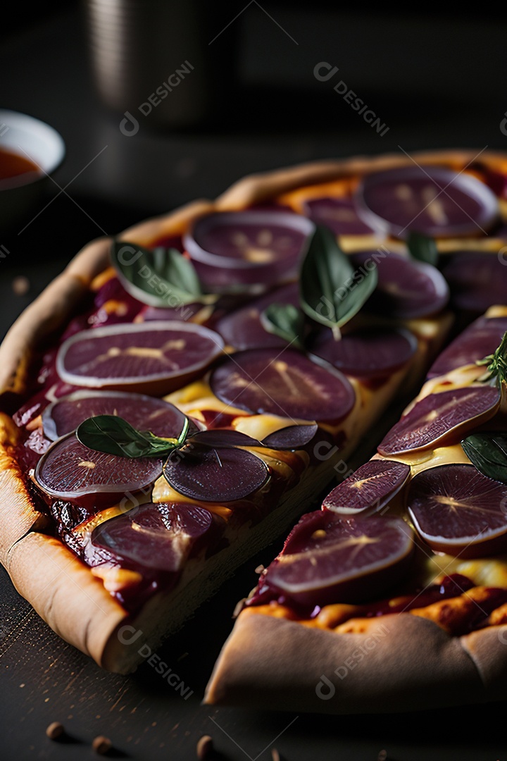 Imagem realista de pizza deliciosa sobre uma mesa de madeira