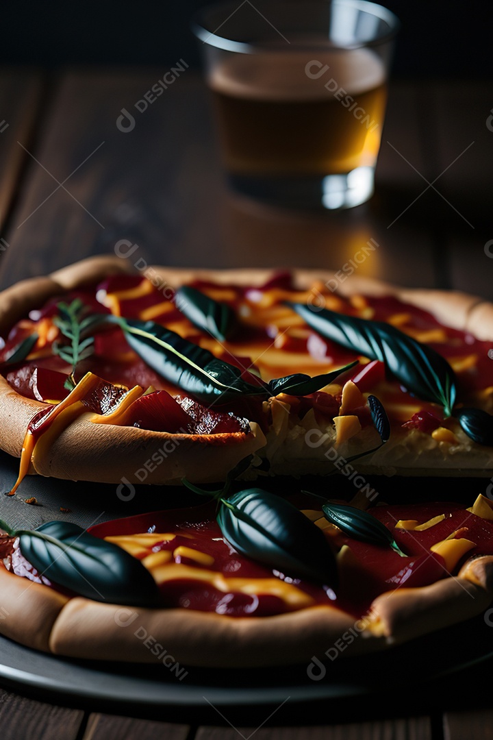 Imagem realista de pizza deliciosa sobre uma mesa de madeira