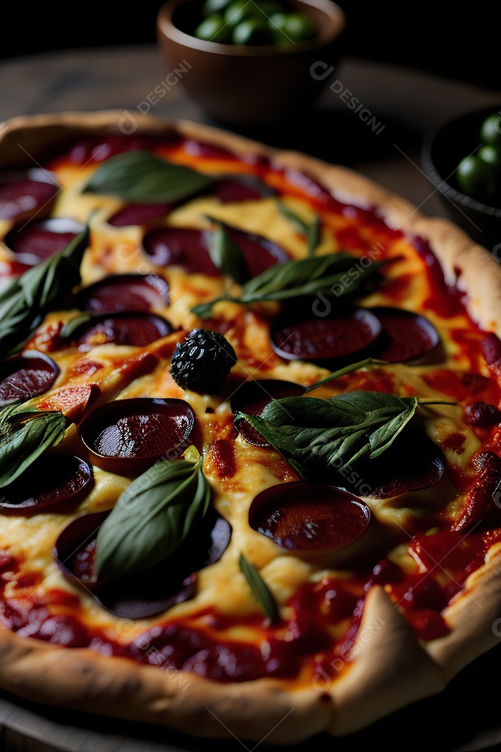 Imagem realista de pizza deliciosa sobre uma mesa de madeira