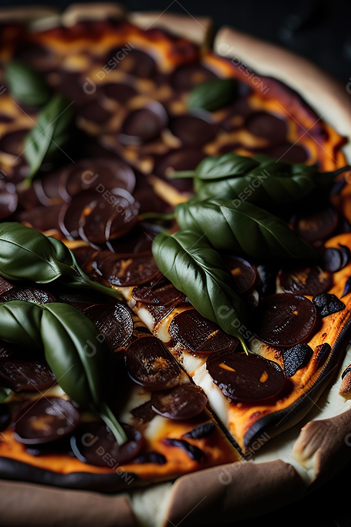 Imagem realista de pizza deliciosa sobre uma mesa de madeira