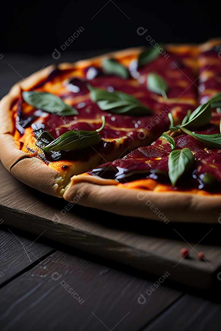 Imagem realista de pizza deliciosa sobre uma mesa de madeira