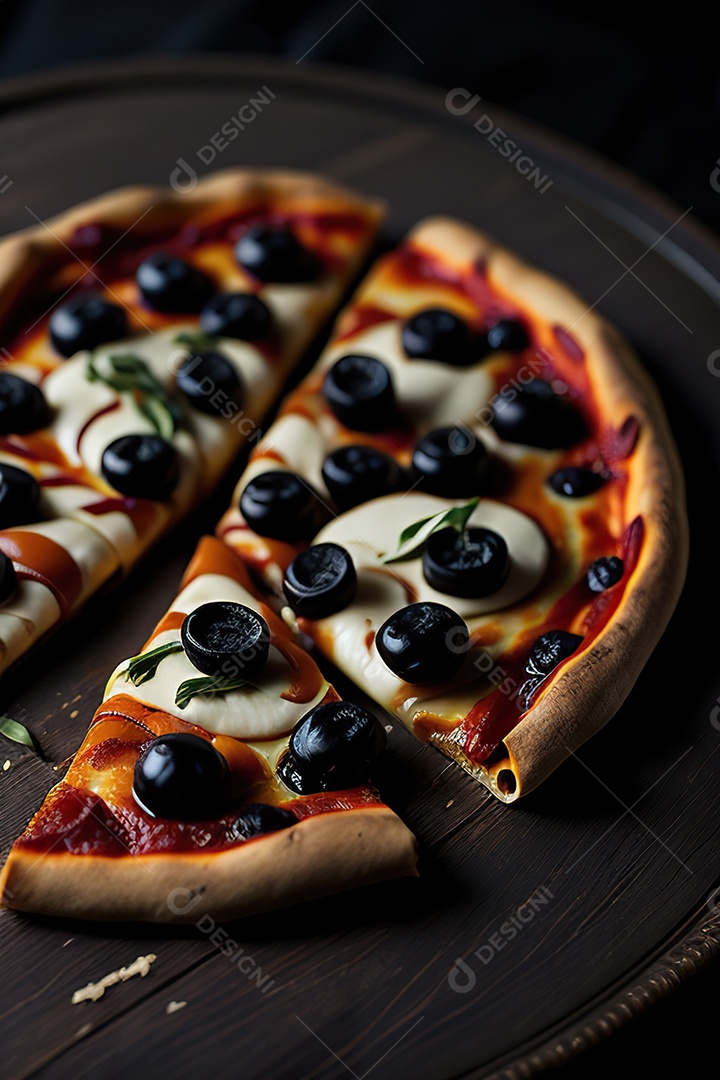 Imagem realista de pizza deliciosa sobre uma mesa de madeira