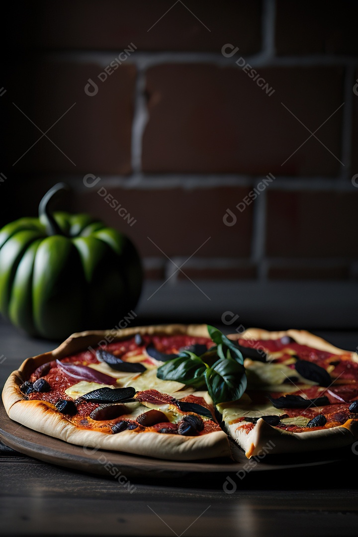 Imagem realista de pizza deliciosa sobre uma mesa de madeira