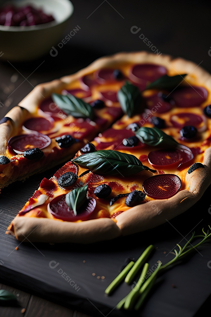 Imagem realista de pizza deliciosa sobre uma mesa de madeira