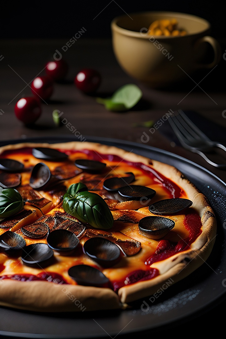 Imagem realista de pizza deliciosa sobre uma mesa de madeira