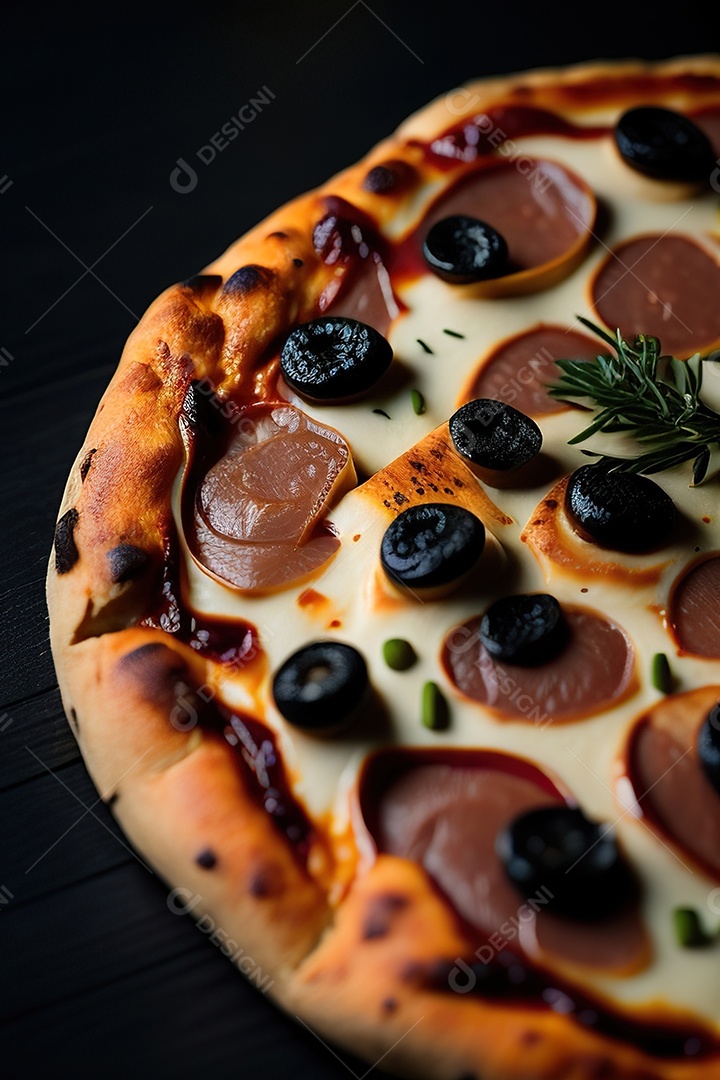 Imagem realista de pizza deliciosa sobre uma mesa de madeira