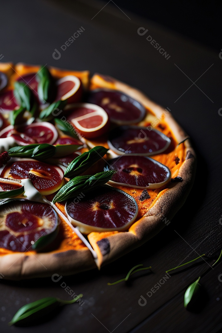 Imagem realista de pizza deliciosa sobre uma mesa de madeira