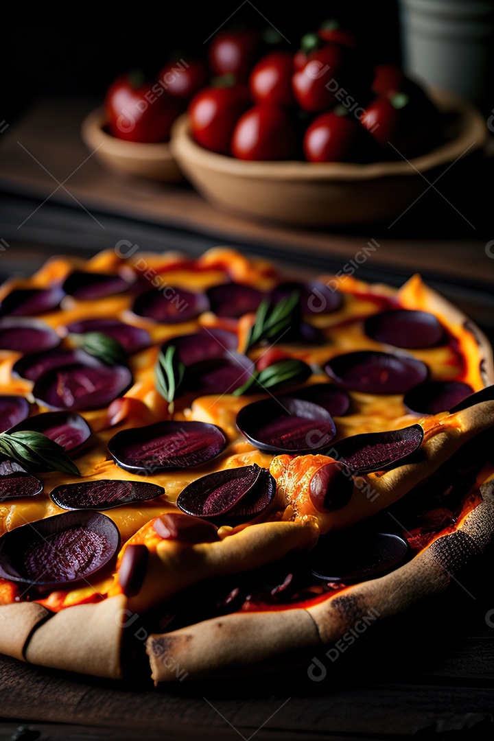Imagem realista de pizza deliciosa sobre uma mesa de madeira