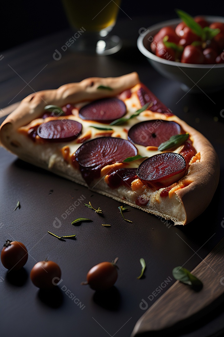 Imagem realista de pizza deliciosa sobre uma mesa de madeira