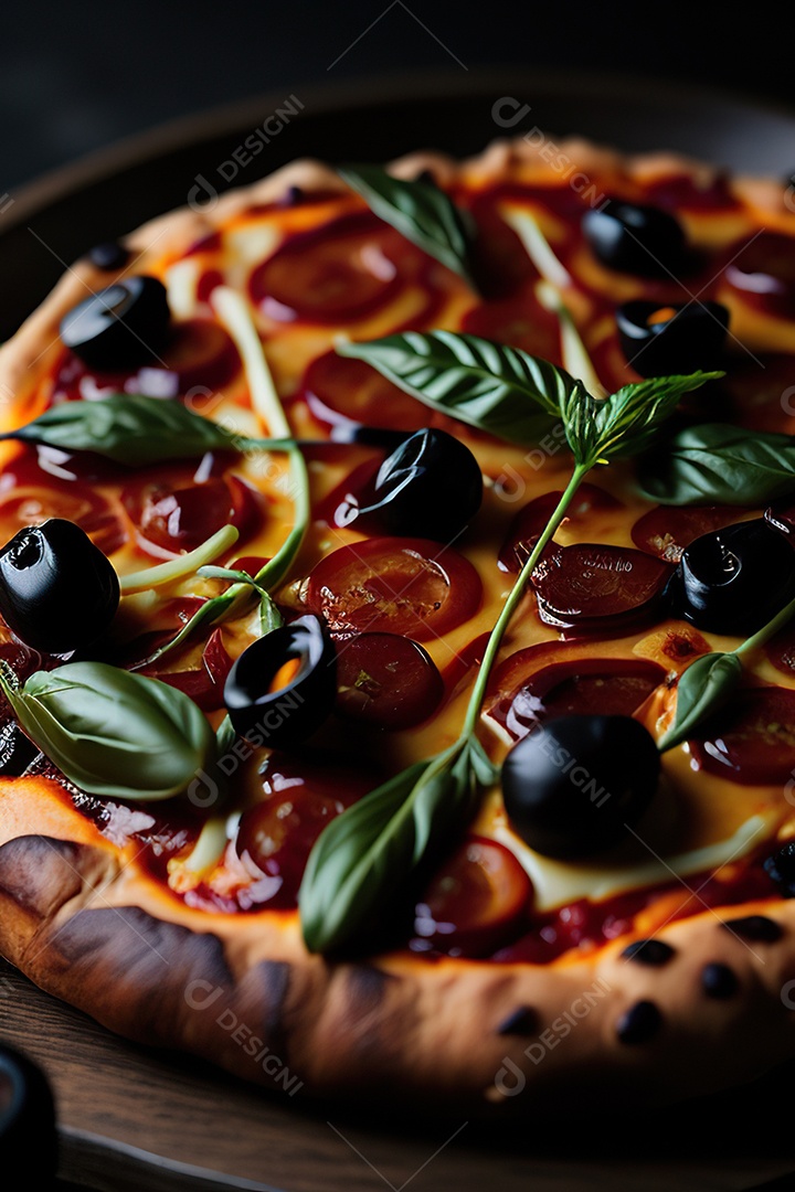 Imagem realista de pizza deliciosa sobre uma mesa de madeira