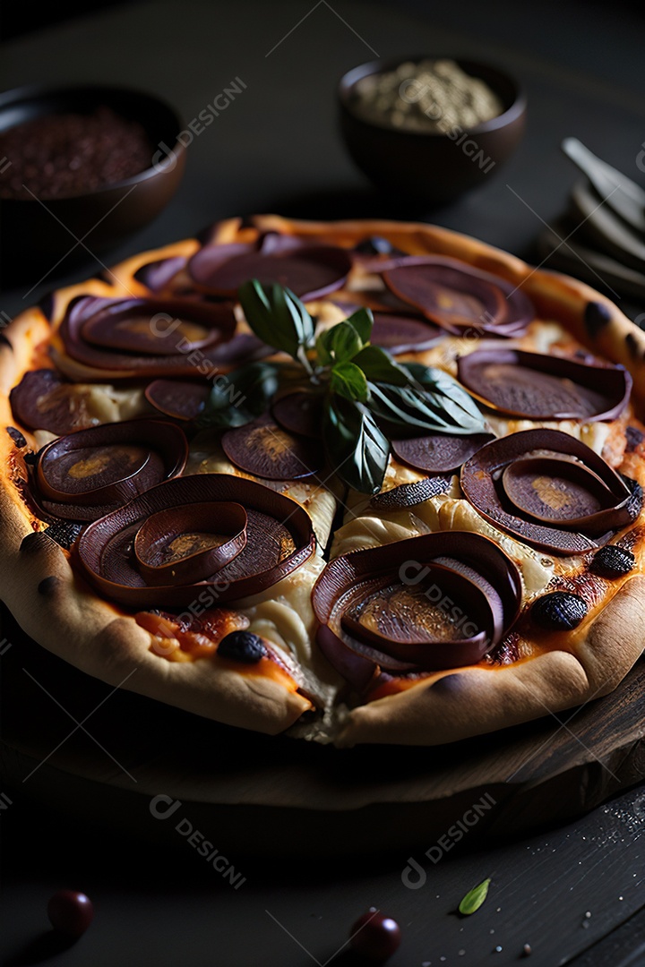 Imagem realista de pizza deliciosa sobre uma mesa de madeira