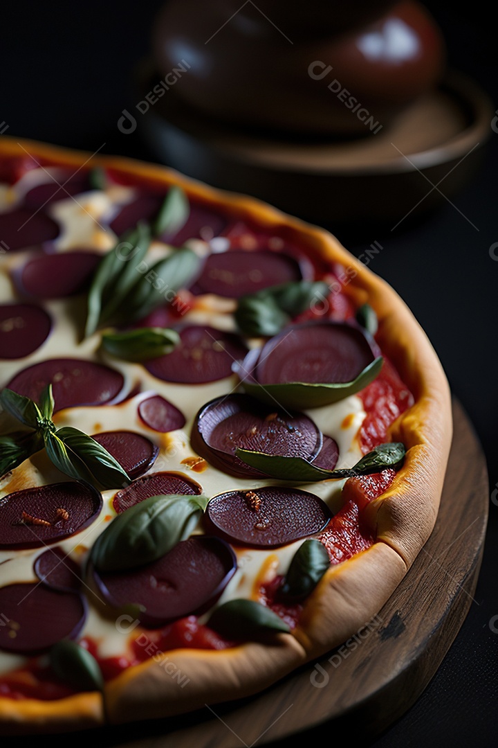Imagem realista de pizza deliciosa sobre uma mesa de madeira