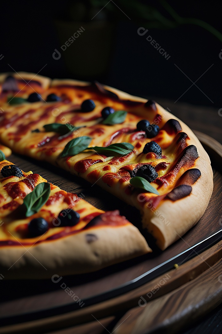 Imagem realista de pizza deliciosa sobre uma mesa de madeira