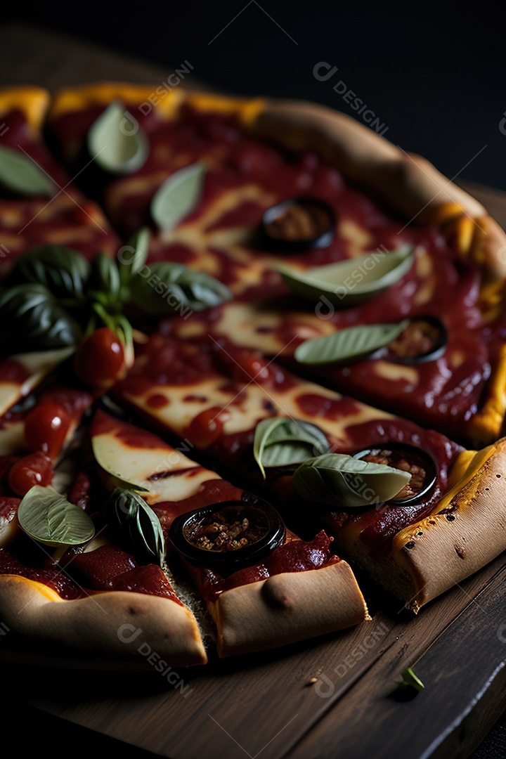 Imagem realista de pizza deliciosa sobre uma mesa de madeira