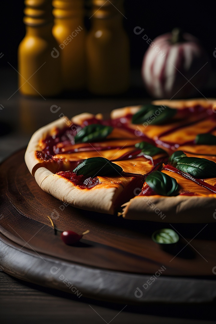 Imagem realista de pizza deliciosa sobre uma mesa de madeira