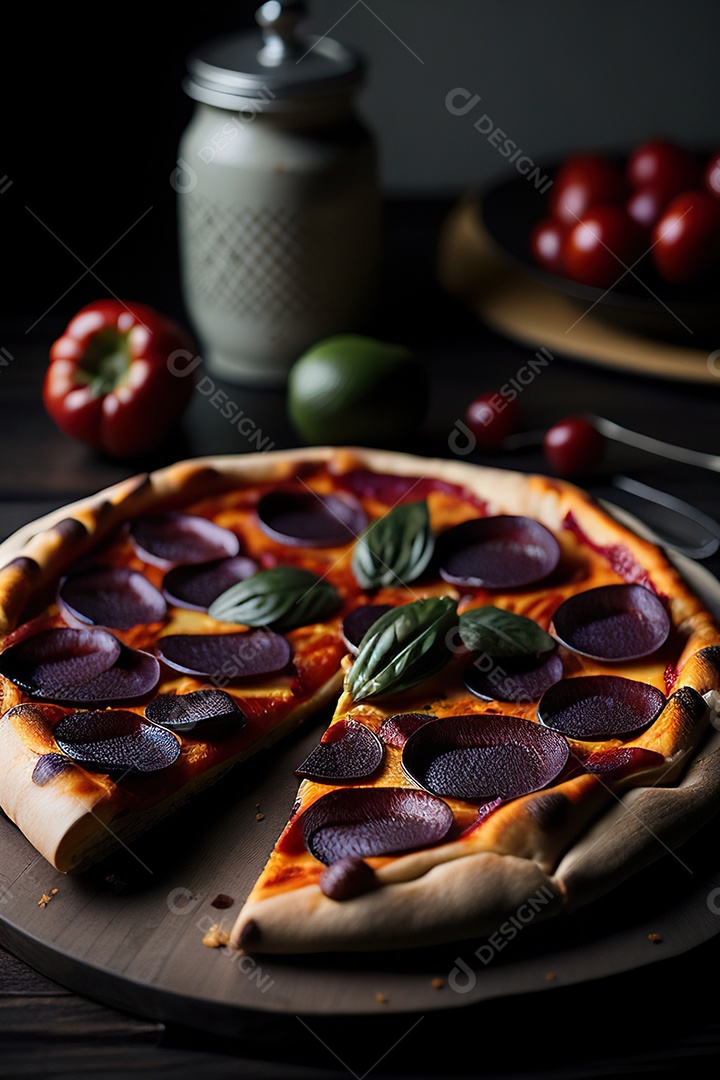 Imagem realista de pizza deliciosa sobre uma mesa de madeira