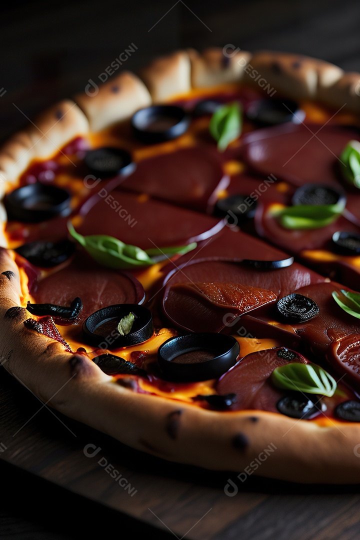 Imagem realista de pizza deliciosa sobre uma mesa de madeira