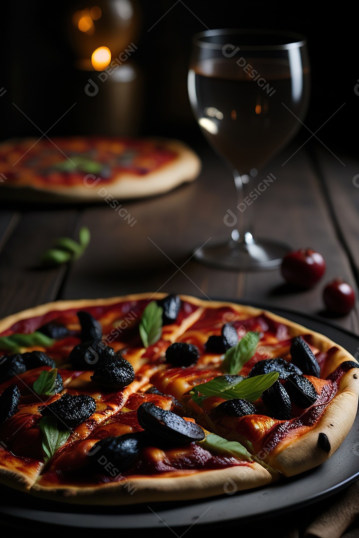 Imagem realista de pizza deliciosa sobre uma mesa de madeira