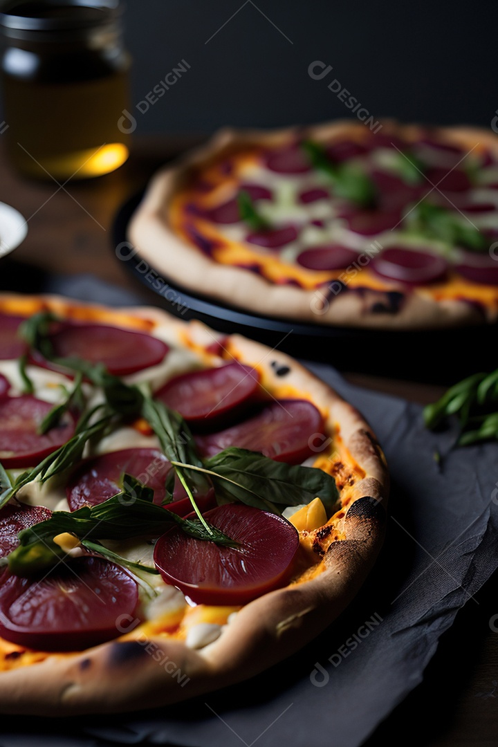 Imagem realista de pizza deliciosa sobre uma mesa de madeira