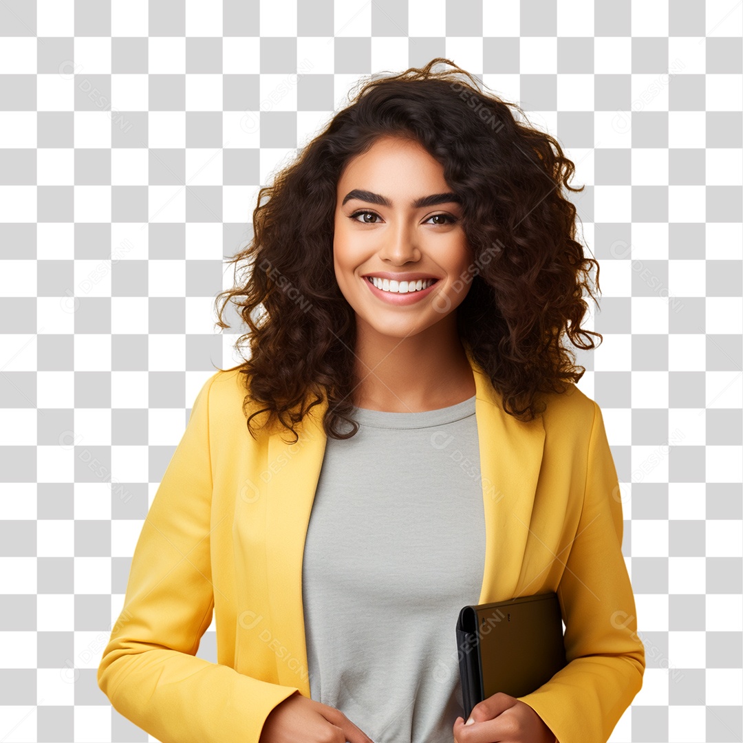 Mulher de Amarelo Sorrindo PNG Transparente