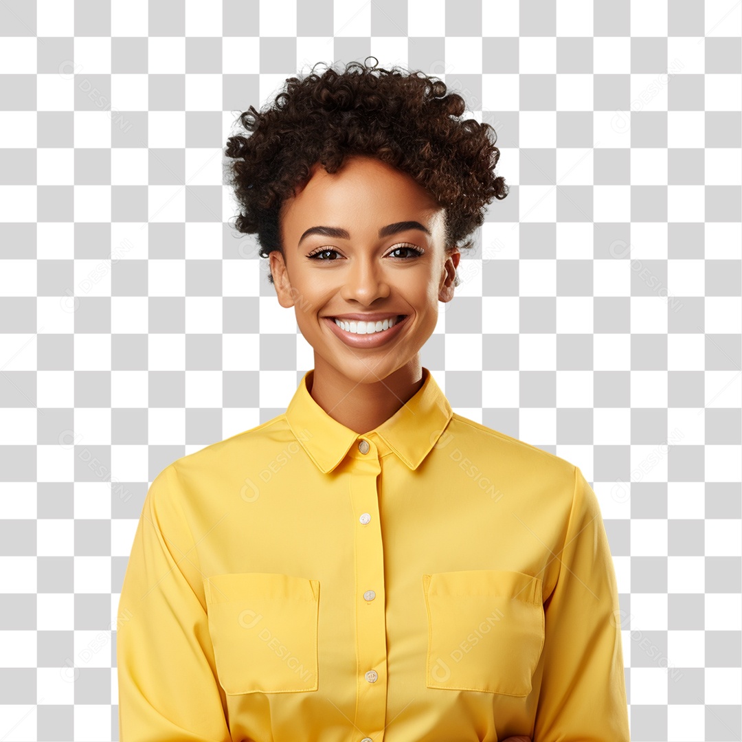 Mulher de Amarelo Sorrindo PNG Transparente