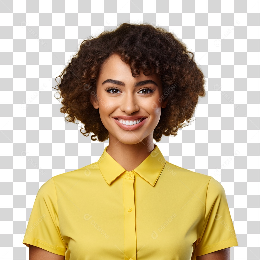 Mulher de Amarelo Sorrindo PNG Transparente