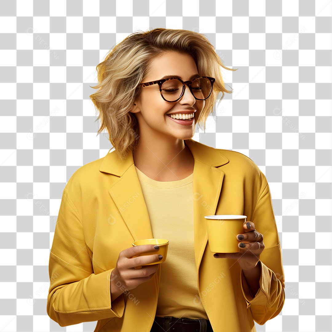 Mulher de Amarelo com Copo de Café na Mão PNG Transparente