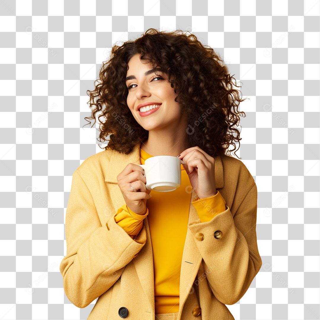 Mulher de Amarelo com Copo de Café na Mão PNG Transparente