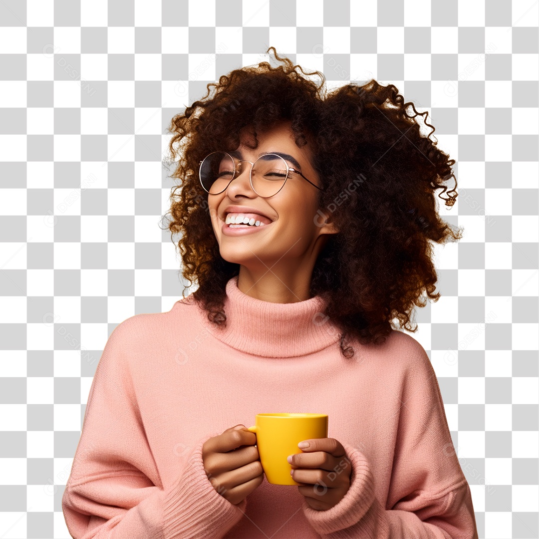 Mulher de Amarelo com Copo de Café na Mão PNG Transparente