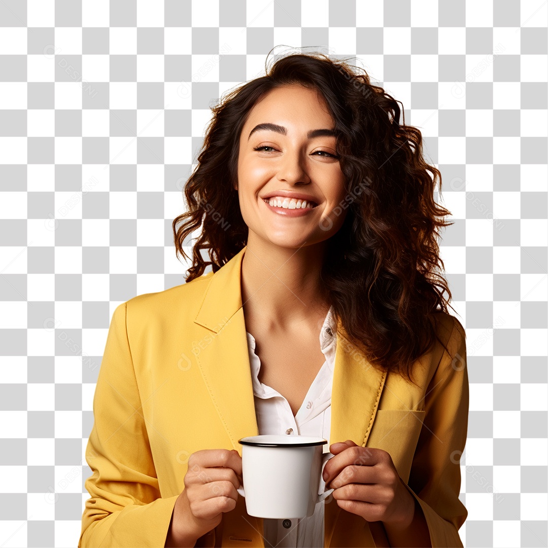 Mulher de Amarelo com Copo de Café na Mão PNG Transparente