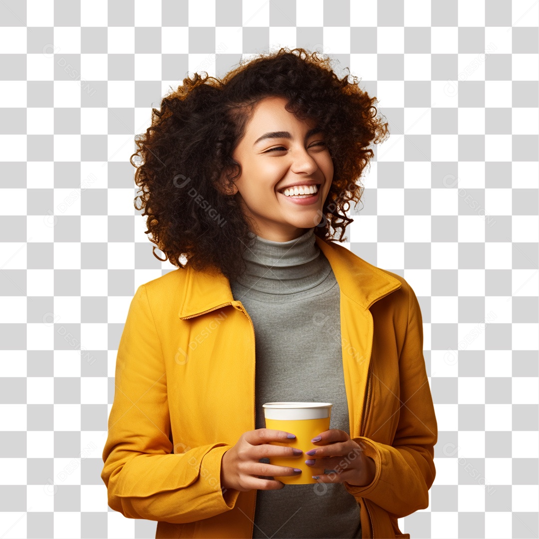Mulher de Amarelo com Copo de Café na Mão PNG Transparente