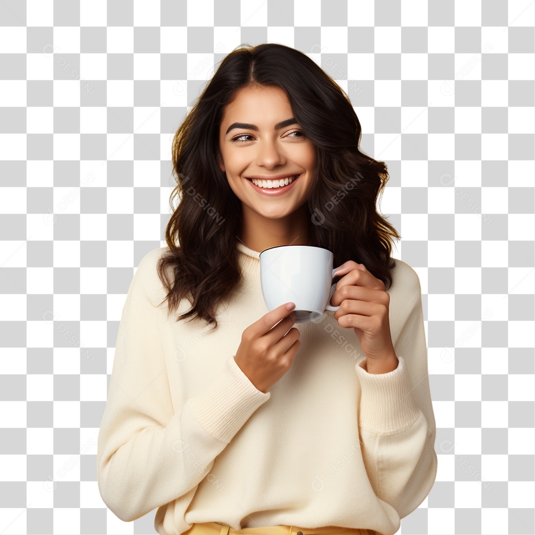Mulher de Amarelo com Copo de Café na Mão PNG Transparente