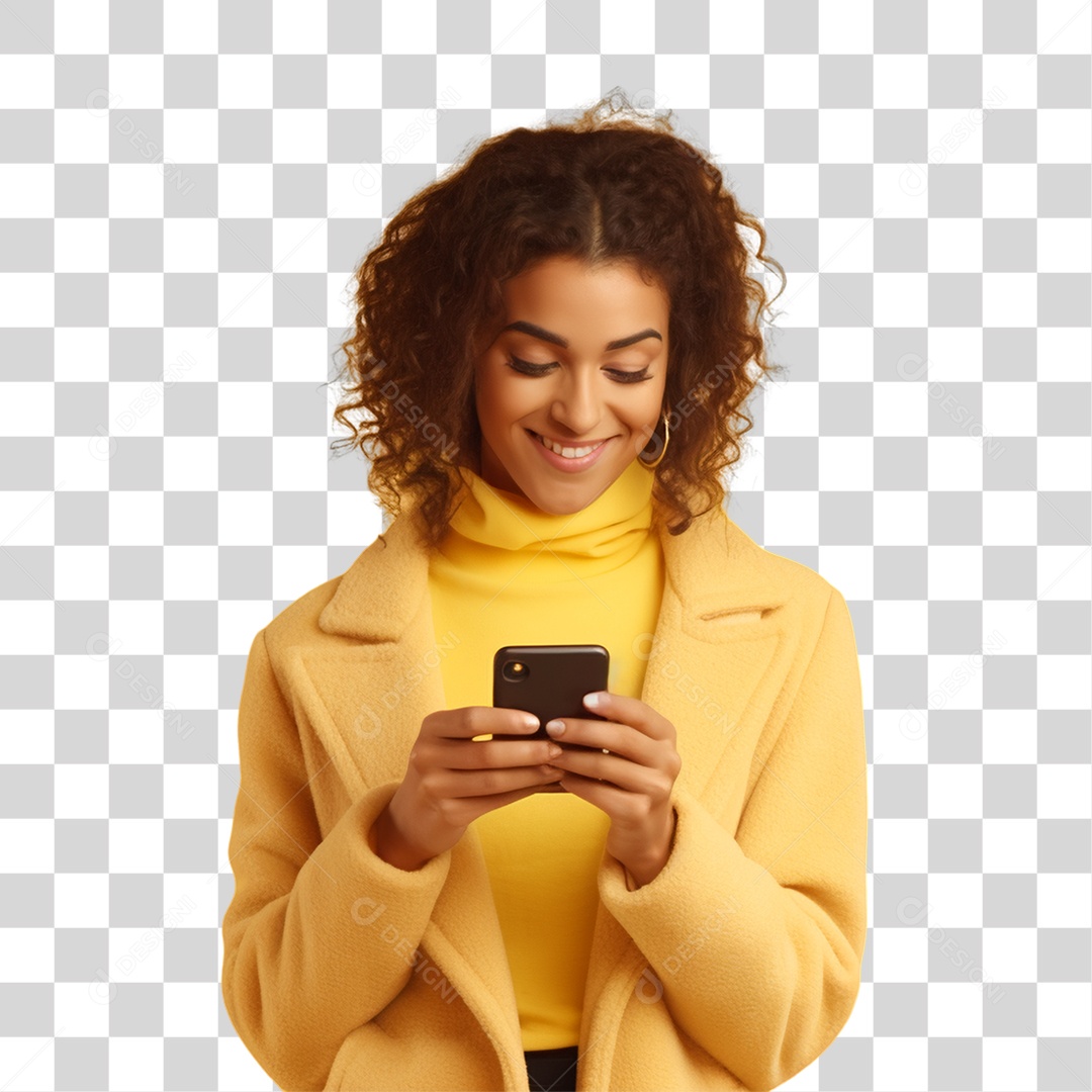 Mulher de Amarelo com Celular na Mão PNG Transparente