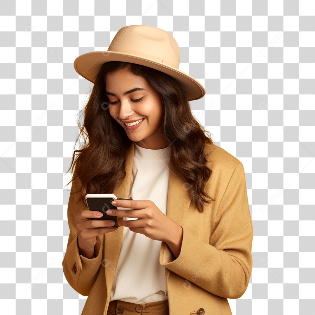 Mulher de Amarelo com Celular na Mão PNG Transparente