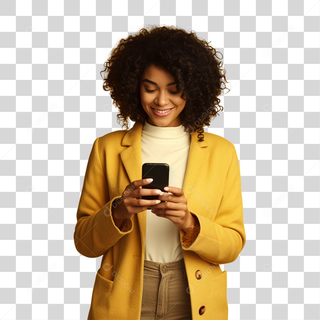 Mulher de Amarelo com Celular na Mão PNG Transparente