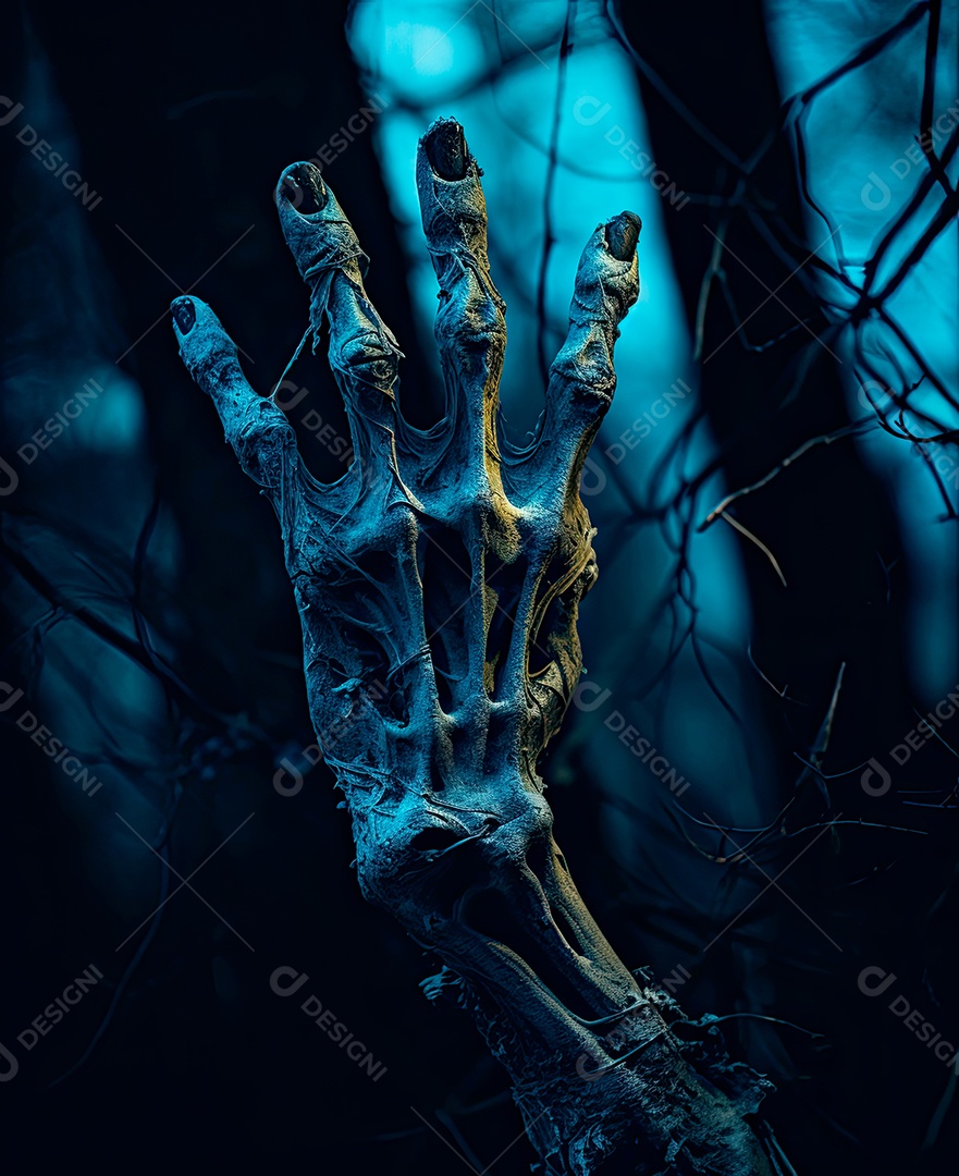 Floresta escura e sombria com uma mão assustadora estendendo-se no céu escuro