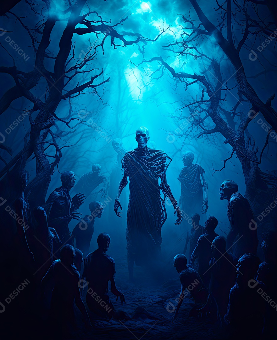 Imagem de fundo de visão noturna de madeiras escuras com zumbis e caveiras