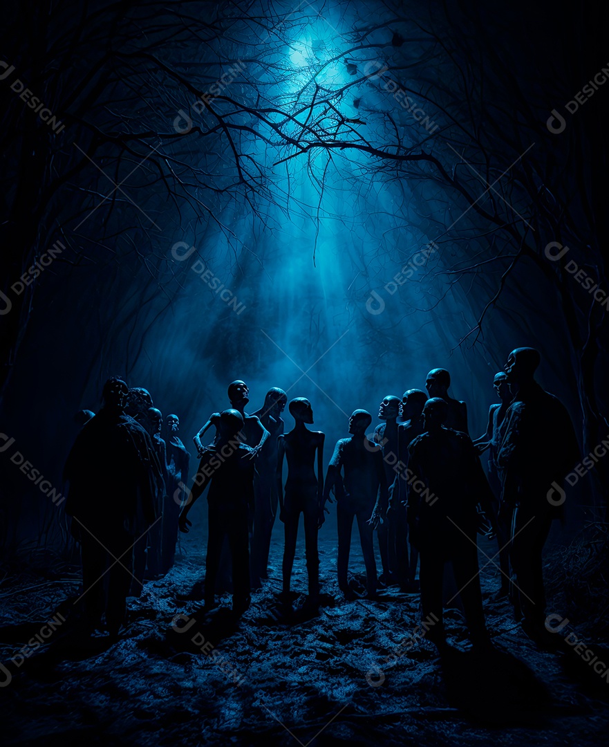 Imagem de fundo de visão noturna de madeiras escuras com zumbis e caveiras