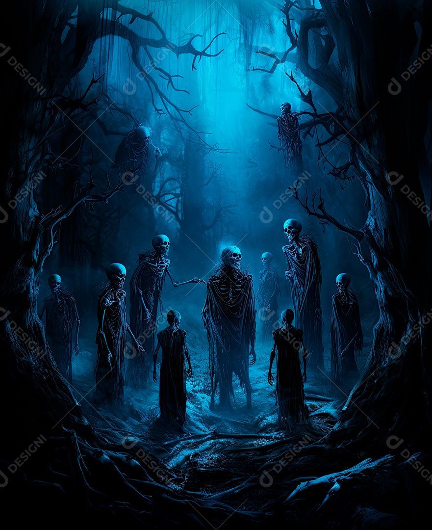 Imagem de fundo de visão noturna de madeiras escuras com zumbis e caveiras