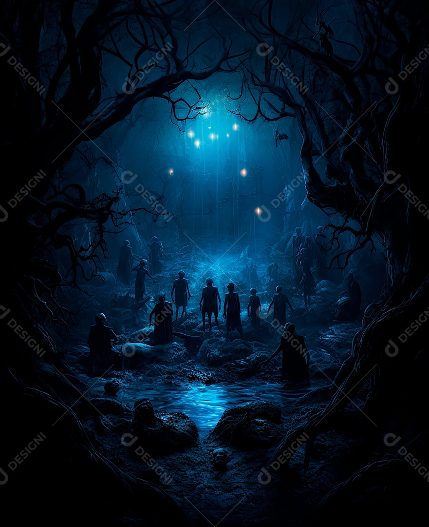 Imagem de fundo de visão noturna de madeiras escuras com zumbis e caveiras