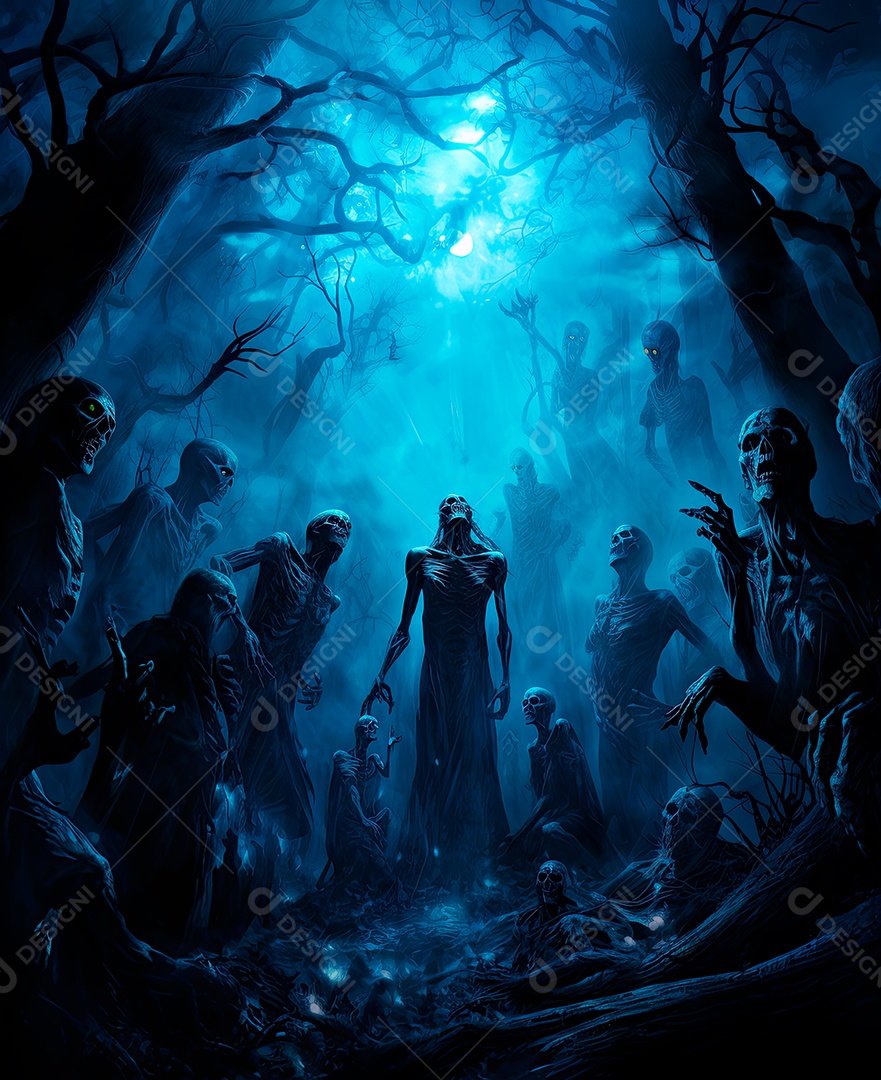 Imagem de fundo de visão noturna de madeiras escuras com zumbis e caveiras