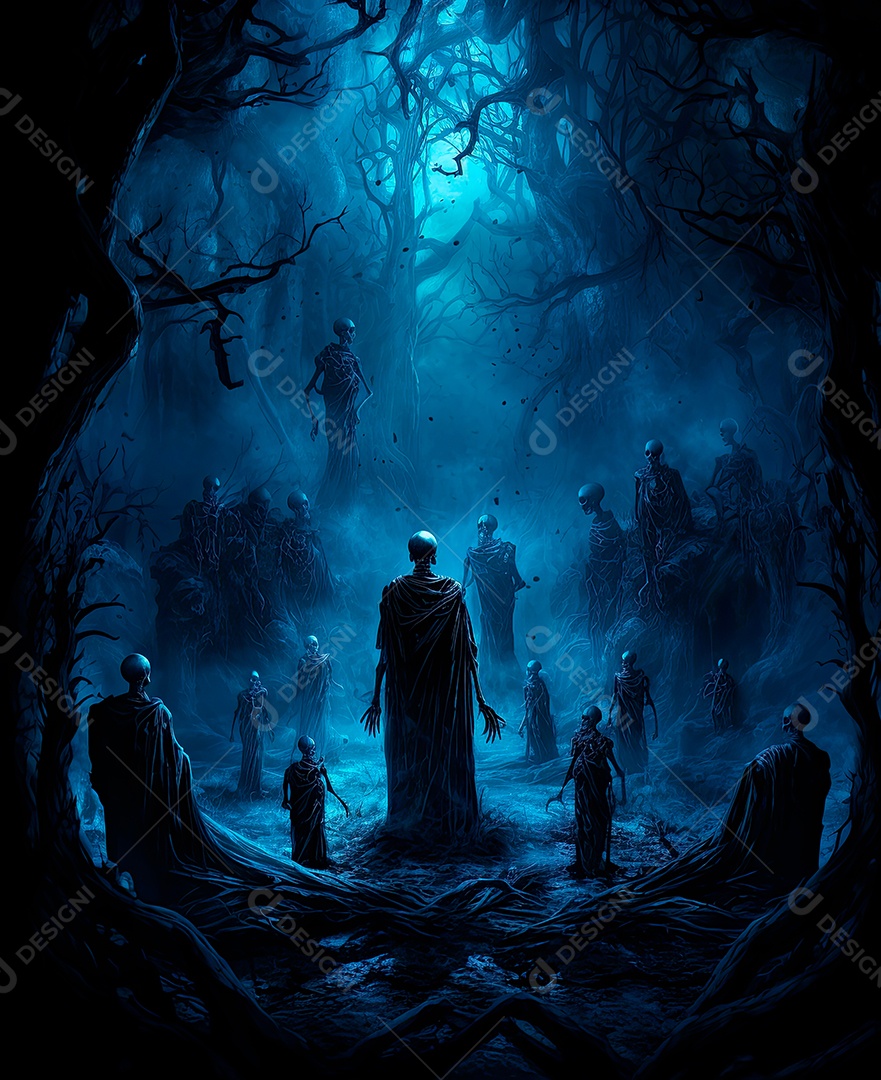 Imagem de fundo de visão noturna de madeiras escuras com zumbis e caveiras