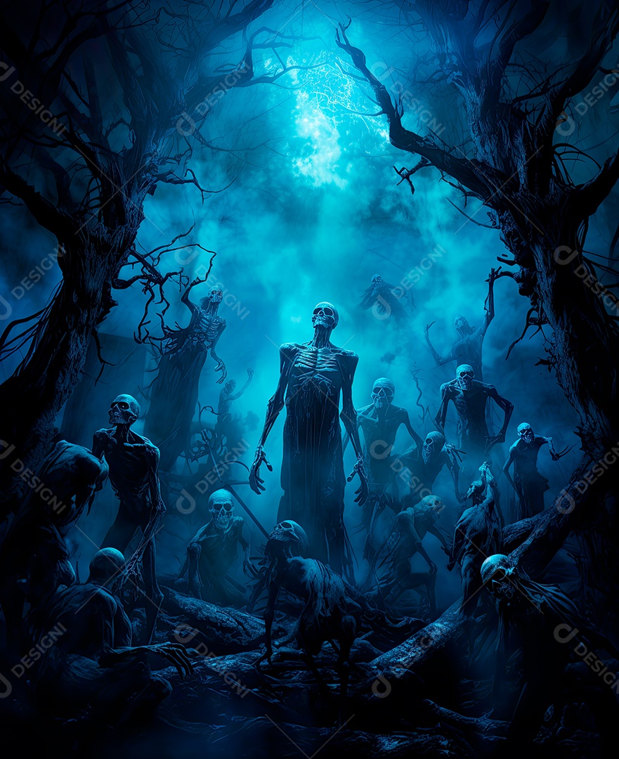 Imagem de fundo de visão noturna de madeiras escuras com zumbis e caveiras