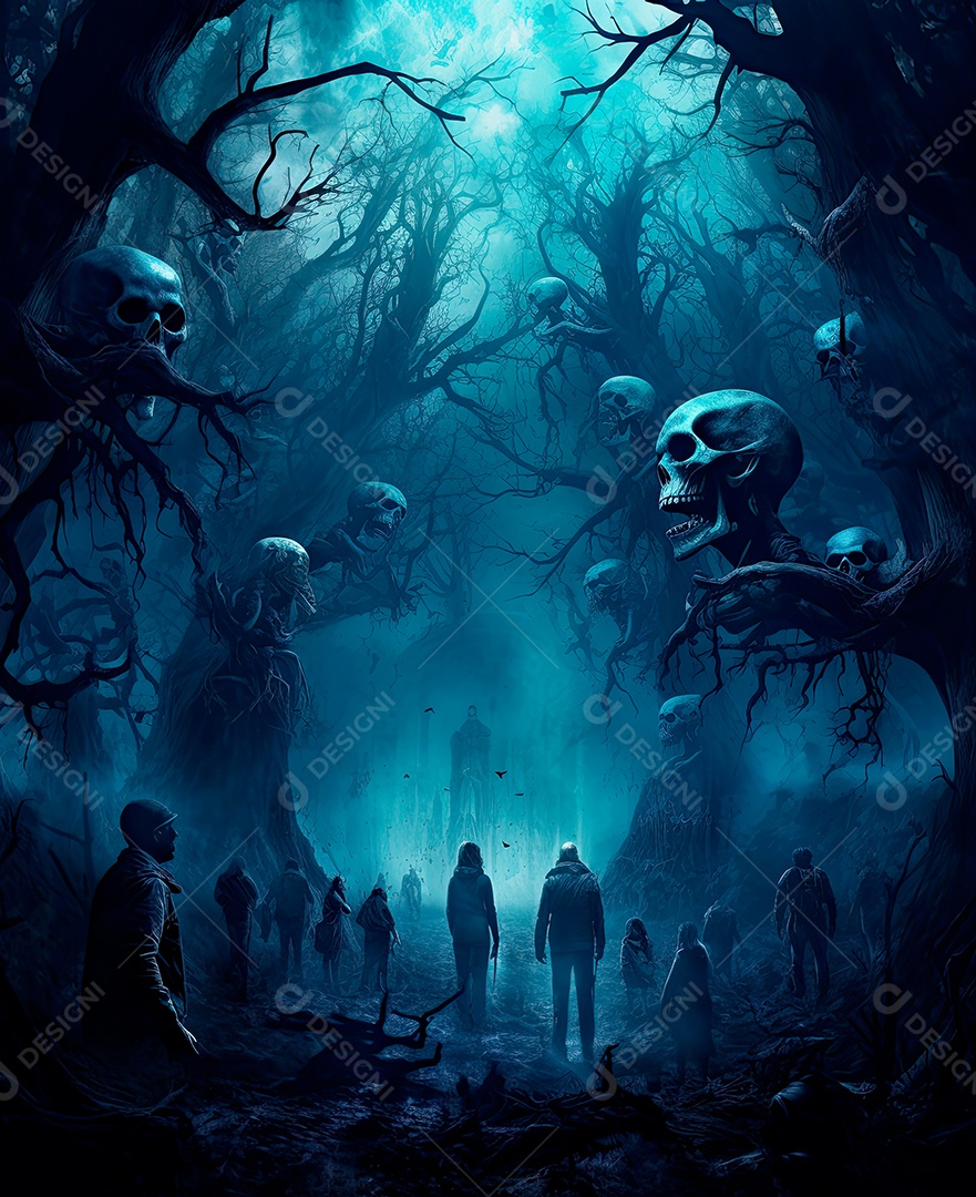 Imagem de fundo de visão noturna de madeiras escuras com zumbis e caveiras