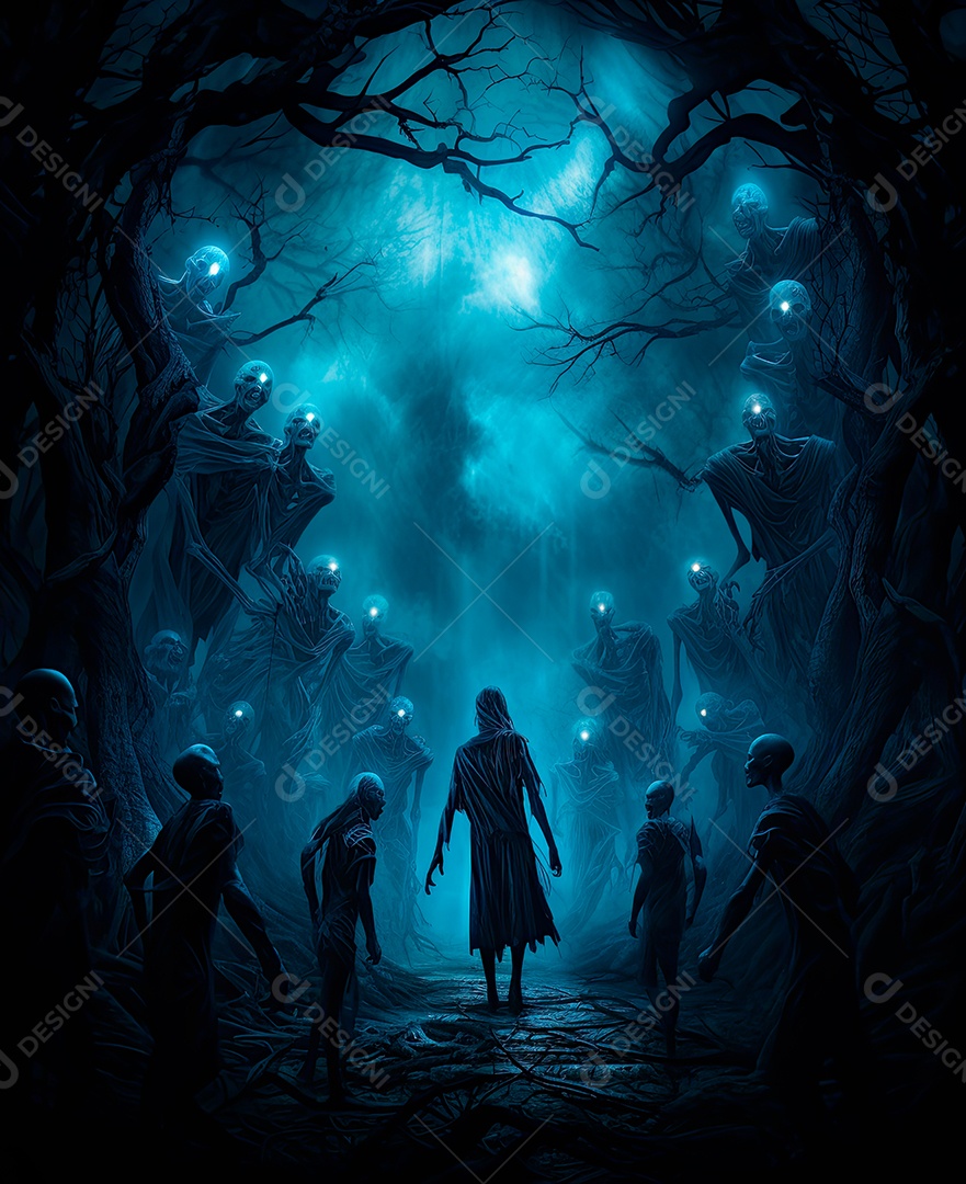 Imagem de fundo de visão noturna de madeiras escuras com zumbis e caveiras